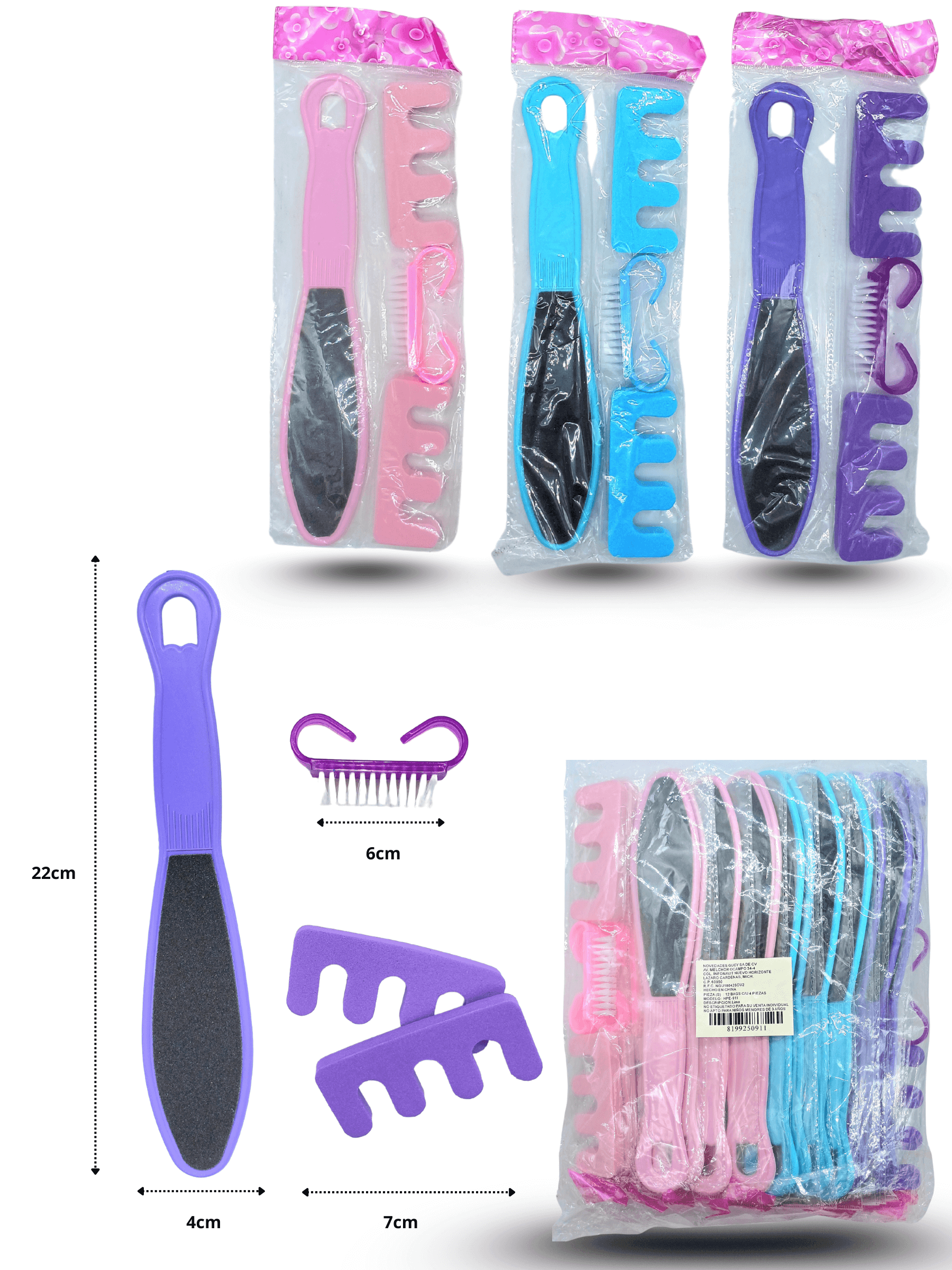 Z - 013 juego de pedicura lima ancha, separadores de dedos y cepillo set 4 pzas C12 HPE-911