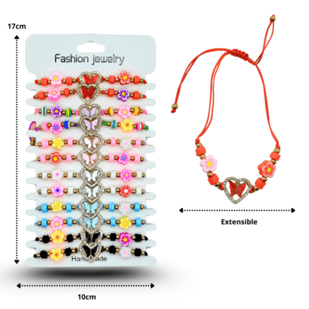 K - 082 pulsera hilo mariposa dentro de corazón cuentas y flores de colores en tira C/12 RM1075-3G-3