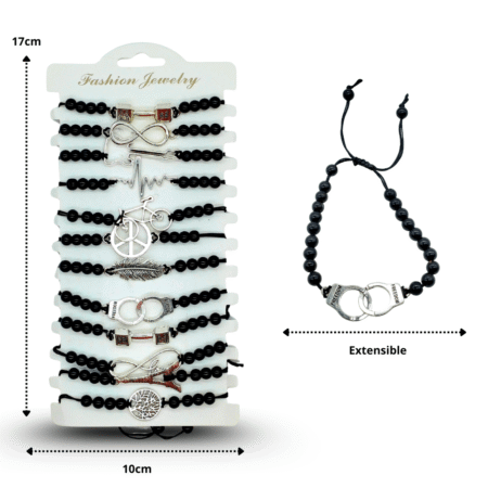 K - 070 pulsera esferas negras y dije ajustable en tira C/12 2D-2