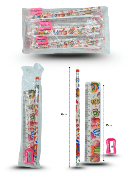 P - 122 lapiz, regla y sacapuntas set escolar en bolsa C/12 ZD-23