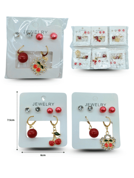 A - 016 arete frutos rojos dispares con 2 pares de broqueles set 3 pares C/12 25C-5