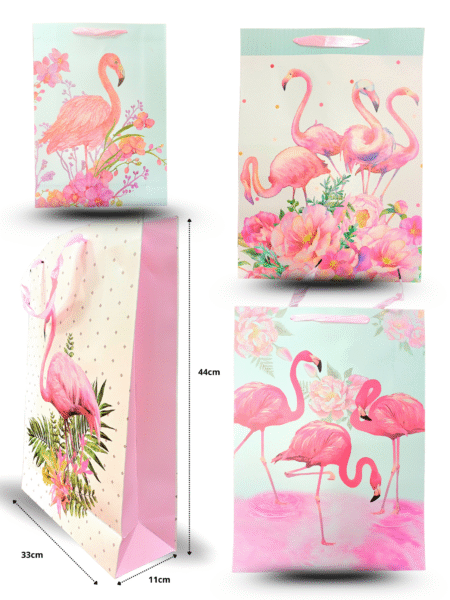 B - 020 bolsa de regalo decorada flamingo jumbo 32x44x11cm C/12 BPA-127