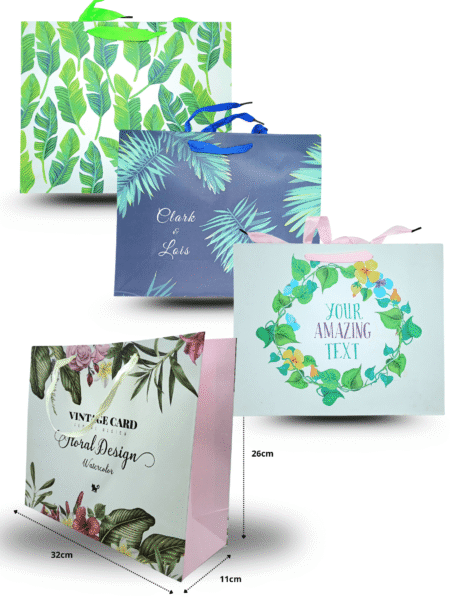 B - 024 bolsa de regalo boutiquera decorada hojas 32x26x11cm C/12 BPA-C0104