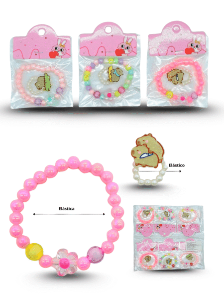 K - 004 pulsera infantil perlas y dije capy bara con anillo elástico C/12 25F-116