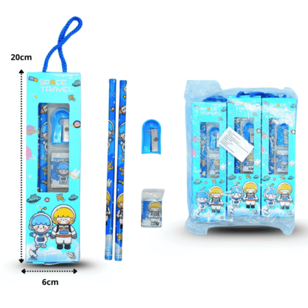 P - 009 set escolar en caja astronauta dos lapiz, sacapuntas y goma borrador C/12 25E-13