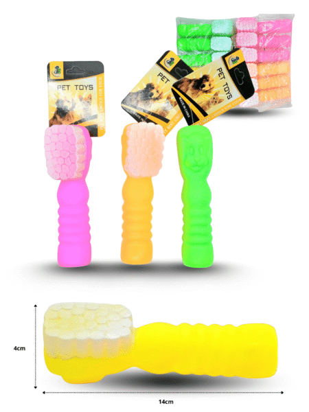 O - 030  juguete chillón para mascota cepillo grueso 14cm cuernito C/12 PR55969