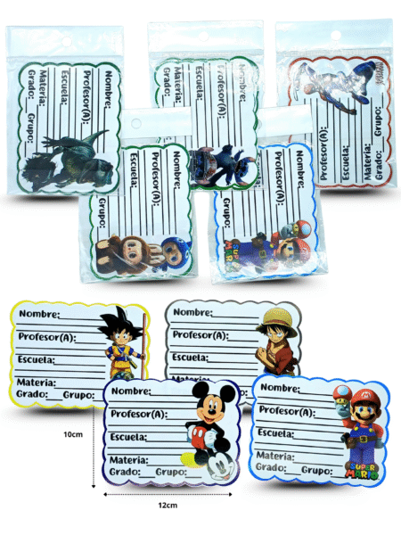 P - 026 etiquetas escolares individuales set 4 pzas surtidas C/10 ALB MOR