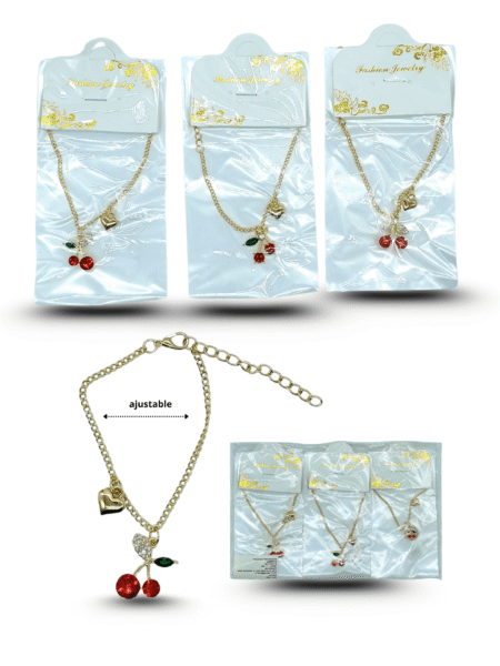 S - 004 pulsera doble dije cerezas y corazones C/12 25L-43