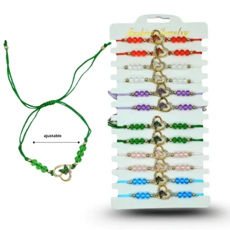 K - 082 pulsera hilo con cristales corazon con mariposa C/12 HLV-20