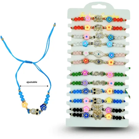 K - 087 pulsera hilo cristales con dije surtido y flores C/12 HLV-20