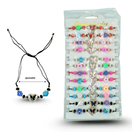 K - 090 pulsera hilo con cuentas de colores corazones y mariposa C/12 HLV-20