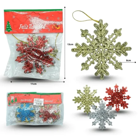 N - 014 adorno navideño copo de nieve set 3 pzas 8cm C/12 J3399
