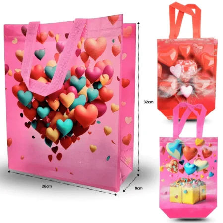 B - 025 bolsa plastificada con asa grande corazones 26x32cm C/12 A21