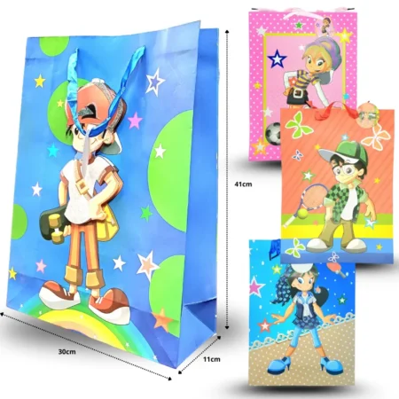 B - 055 bolsa de regalo cartón grueso asa de liston 3D niño y niña 41x30x11cm  C/12  BPA-C2538