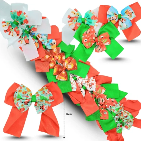 N - 064 moño liso con moño estampado navideño al centro en tira C/12 24V-44