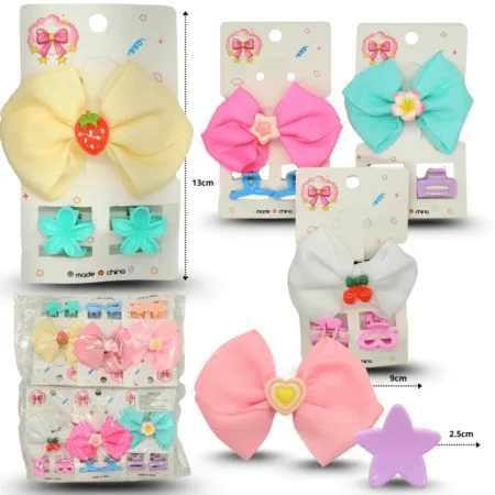 J - 004 pico moño con decoracion al centro con par de pinza mini set 3 pzas C/12 HMA-13