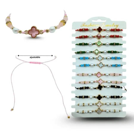 K - 009 pulsera hilo trébol cristales y perlas C/12 25R151