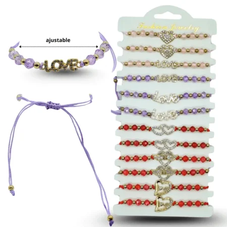 K - 011 pulsera cristales con dije love en tira C/12 25-L11