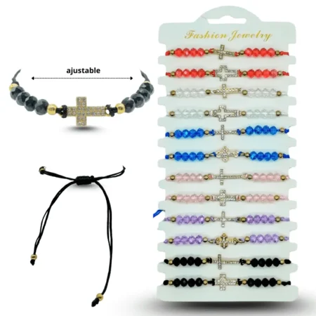 K - 013 pulsera cristales con cruz en tira C/12 25-L13