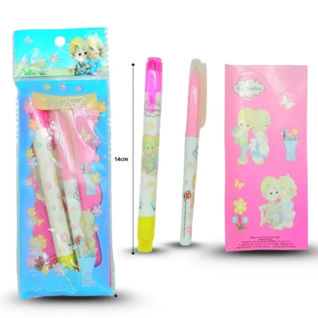 P - 547 marcatextos decorado doble punta con pluma y sticker set 3 pzas C/10 75MIS