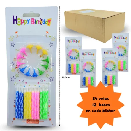 PA - 003 vela cumpleañera con base carrusel en blister set 24 velas y 12 bases  C/24 SF-2200-3