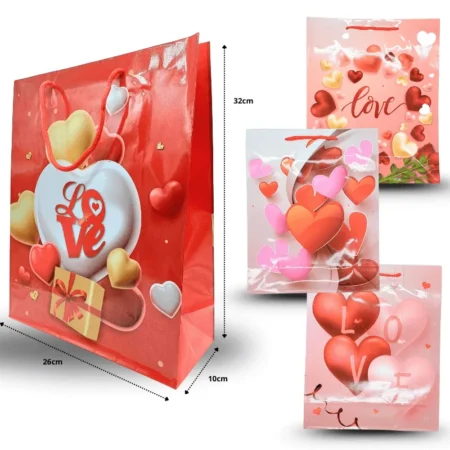 B - 024 bolsa de regalo decorada corazones y listones 26x32x10cm C/12 HMC-4