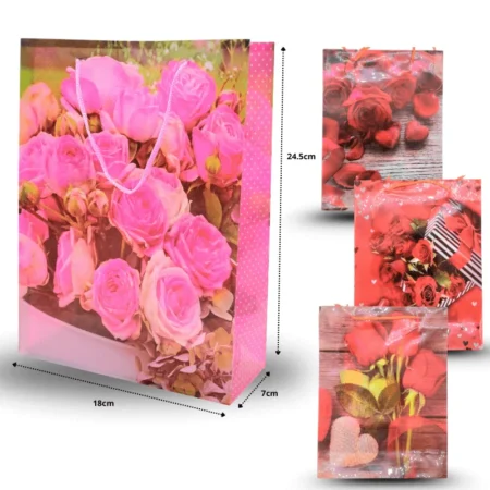 B - 032 bolsa de regalo plastificada decorada flores 18x24.5x7cm C/12 141-67