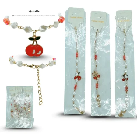 K - 005 pulsera cadena, perla cereza y corazones C/12 25X-9