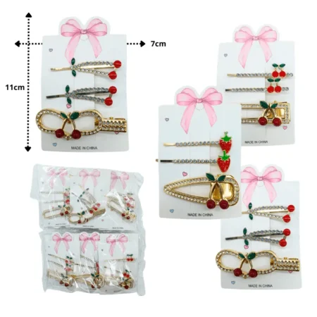 J - 814 pico pasador dorado con brillos y cerezas C/12 XLA-8