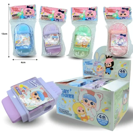 P - 007 sacapuntas decorado bby three con escoba y borrador C/48 58B-24
