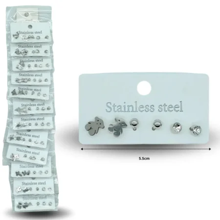 A - 015 arete broquel set 3 pares en tira color plata acero inoxidable C/12 XH7804