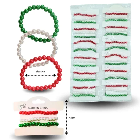 K - 005 pulsera perlas tricolor set 3pzas elástica C/12 HMV-16